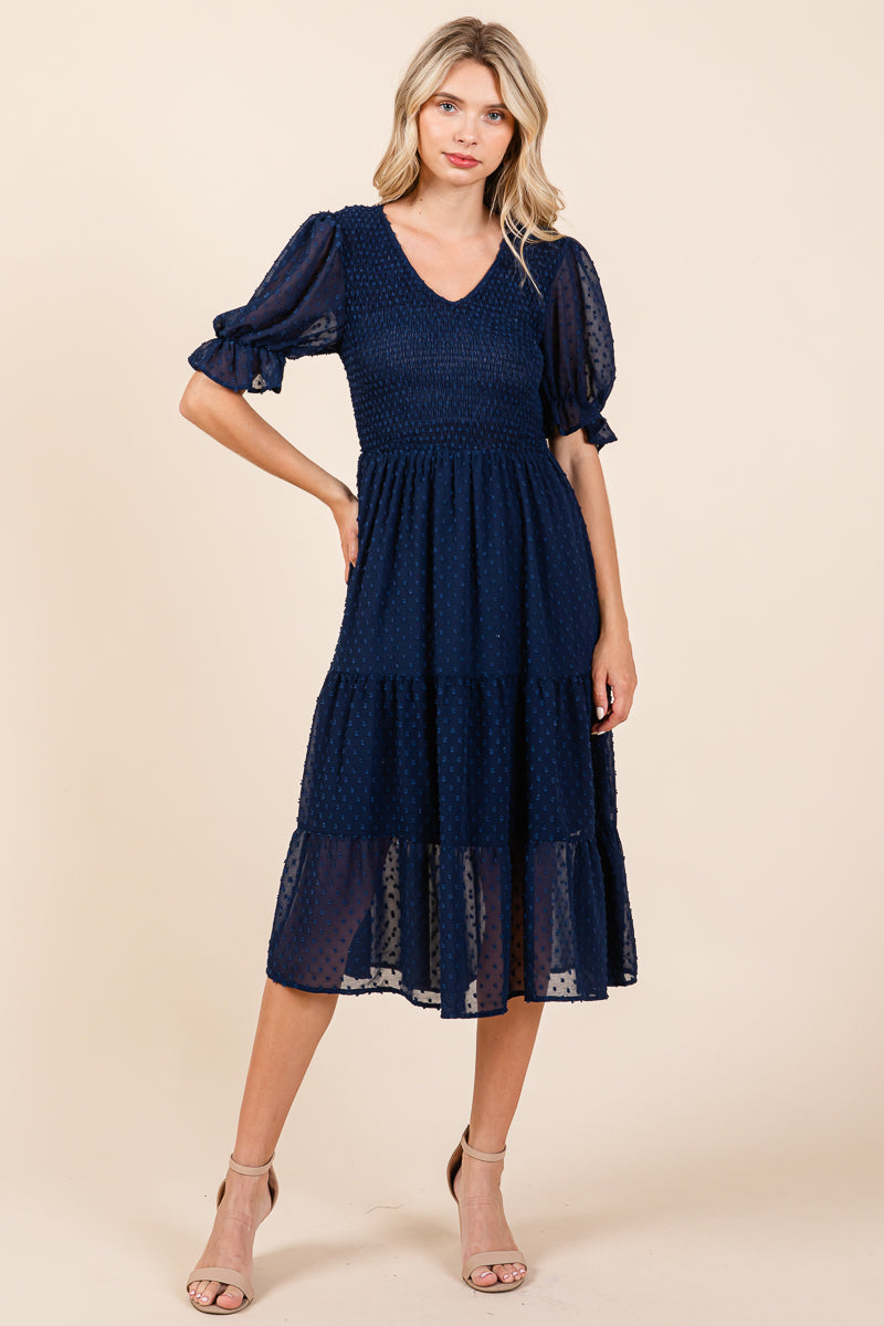 Smocked Short Sleeve Tiered Midi Dotted Dress Navy / Medium 8-10