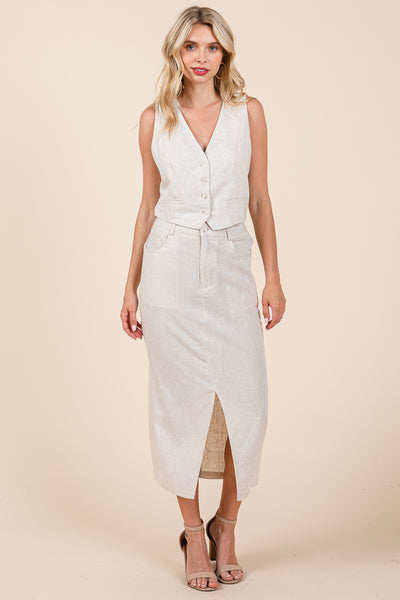 Linen Vest and Pencil Skirt Two Piece Sets