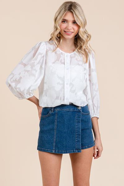 Floral Textured Puffy Sheer Blouse Tops