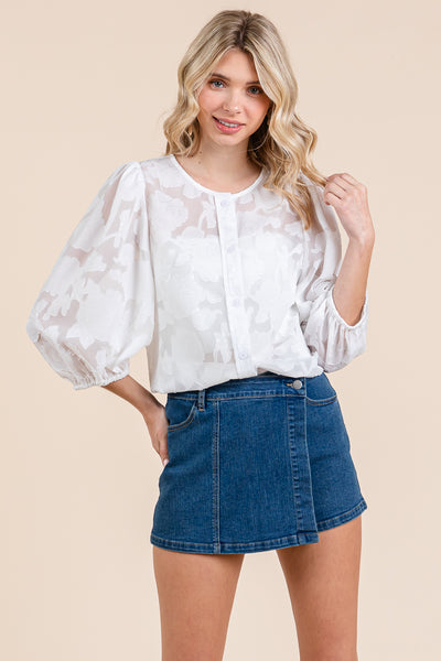 Floral Textured Puffy Sheer Blouse Tops
