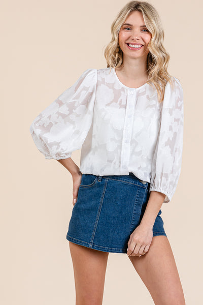 Floral Textured Puffy Sheer Blouse Tops