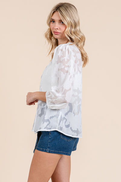 Floral Textured Puffy Sheer Blouse Tops