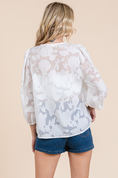 Floral Textured Puffy Sheer Blouse Tops