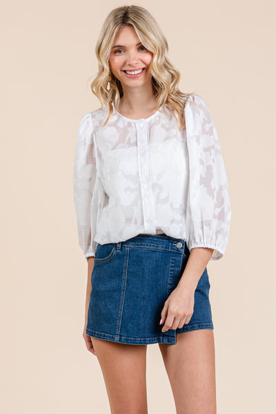 Floral Textured Puffy Sheer Blouse Tops