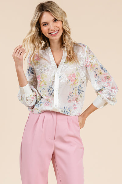 Sheer Floral Color Block Long Sleeve Blouse Tops