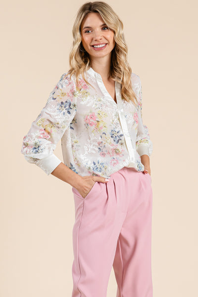 Sheer Floral Color Block Long Sleeve Blouse Tops