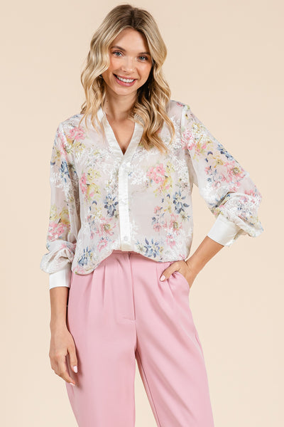 Sheer Floral Color Block Long Sleeve Blouse Tops