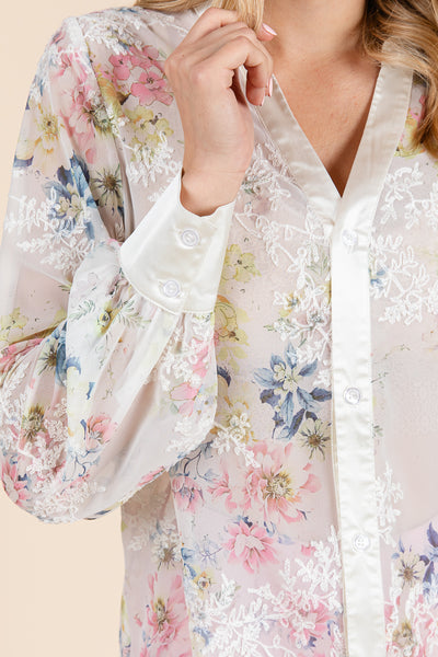 Sheer Floral Color Block Long Sleeve Blouse Tops
