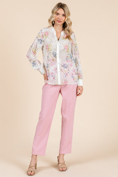 Sheer Floral Color Block Long Sleeve Blouse Tops