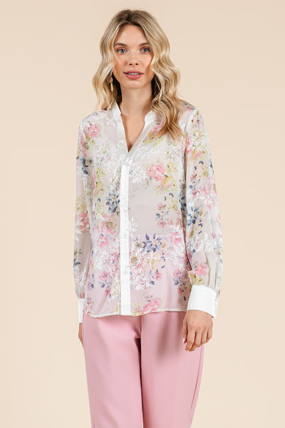 Sheer Floral Color Block Long Sleeve Blouse Tops