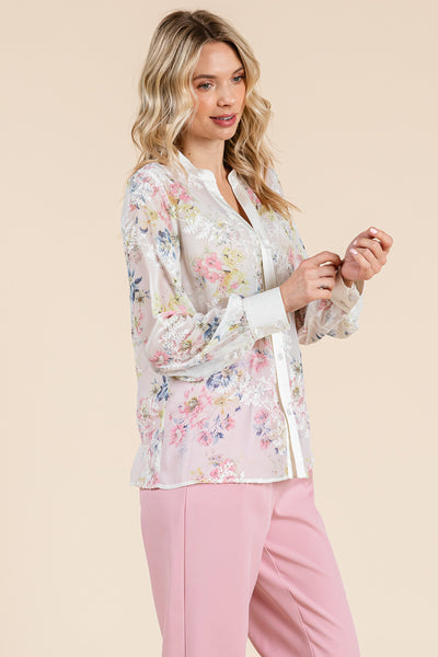 Sheer Floral Color Block Long Sleeve Blouse Tops