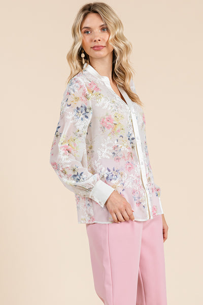 Sheer Floral Color Block Long Sleeve Blouse Tops