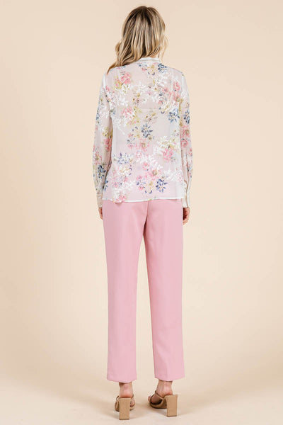 Sheer Floral Color Block Long Sleeve Blouse Tops