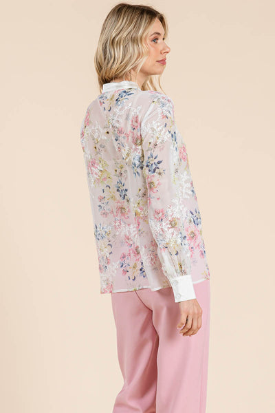 Sheer Floral Color Block Long Sleeve Blouse Tops