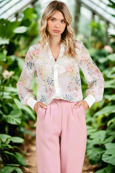 Sheer Floral Color Block Long Sleeve Blouse Tops