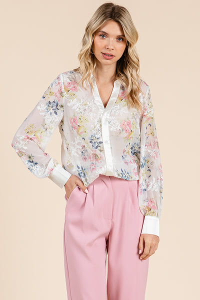 Sheer Floral Color Block Long Sleeve Blouse Tops