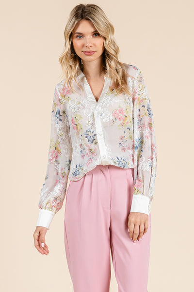 Sheer Floral Color Block Long Sleeve Blouse Tops