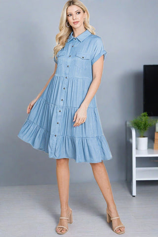 Button Down Collared Tiered Chambray Shirt Dress