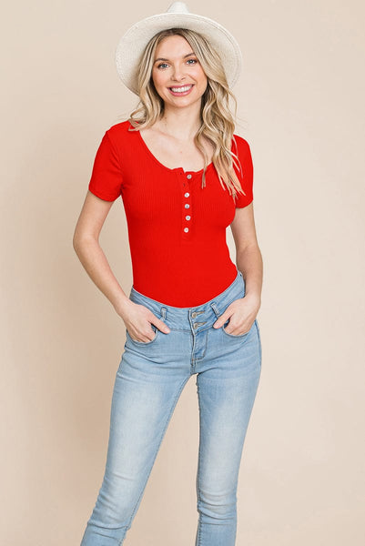 Short Sleeve Scoop Neck Ribbed Henley Bodysuit