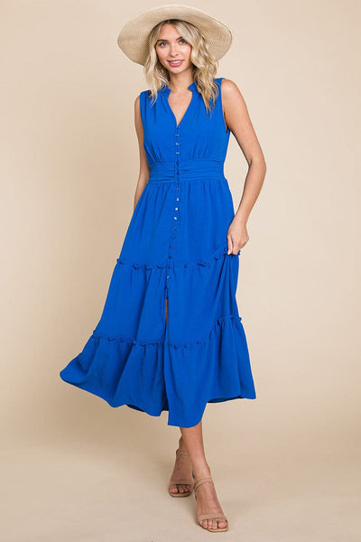 Sleeveless V neck Button Down Tiered Midi Dress