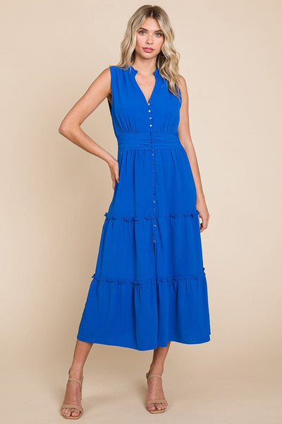 Sleeveless V neck Button Down Tiered Midi Dress