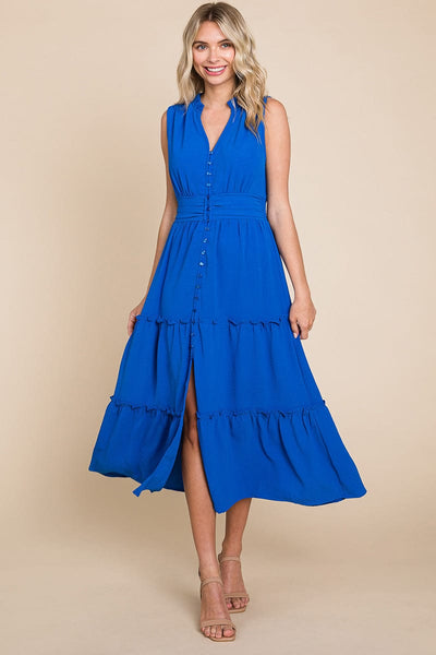 Sleeveless V neck Button Down Tiered Midi Dress
