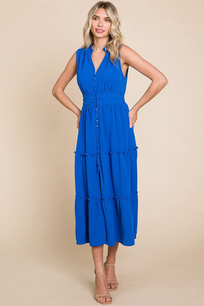 Sleeveless V neck Button Down Tiered Midi Dress