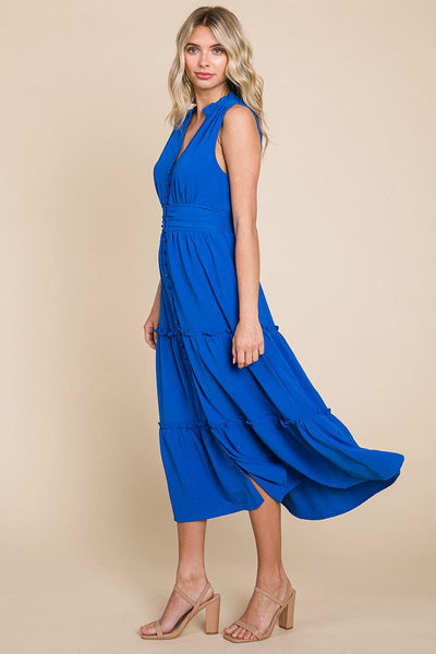 Sleeveless V neck Button Down Tiered Midi Dress
