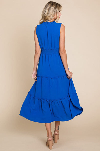 Sleeveless V neck Button Down Tiered Midi Dress