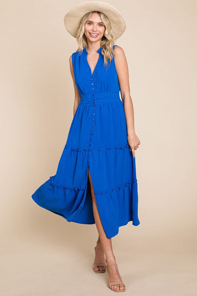 Sleeveless V neck Button Down Tiered Midi Dress