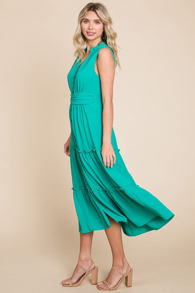 Sleeveless V neck Button Down Tiered Midi Dress