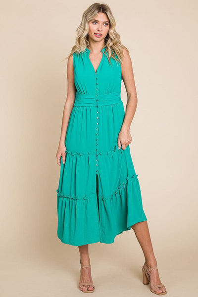 Sleeveless V neck Button Down Tiered Midi Dress