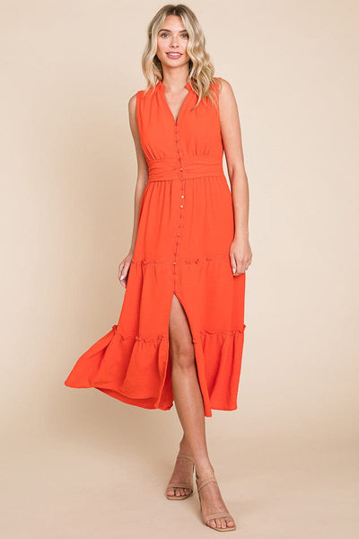 Sleeveless V neck Button Down Tiered Midi Dress
