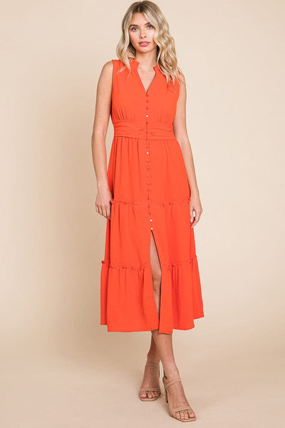 Sleeveless V neck Button Down Tiered Midi Dress