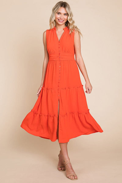 Sleeveless V neck Button Down Tiered Midi Dress