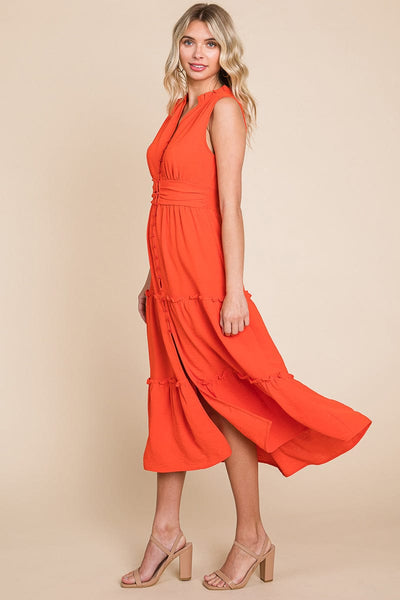 Sleeveless V neck Button Down Tiered Midi Dress
