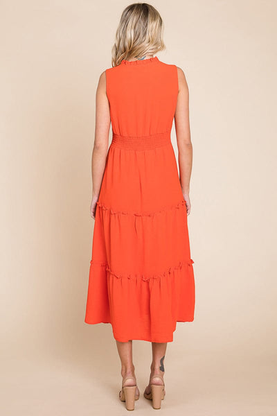 Sleeveless V neck Button Down Tiered Midi Dress
