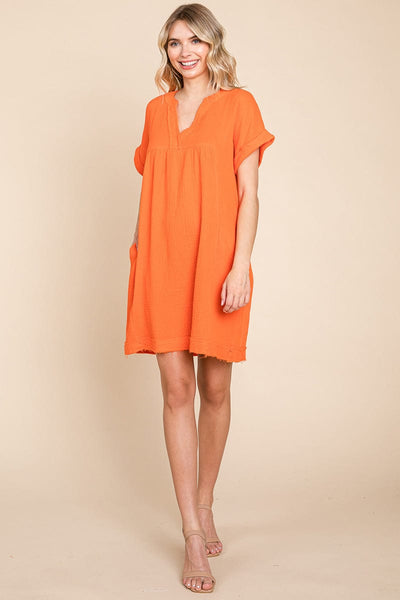 Gauze Raw Edge V neck Pocket Shift Mini Dress, S-3X