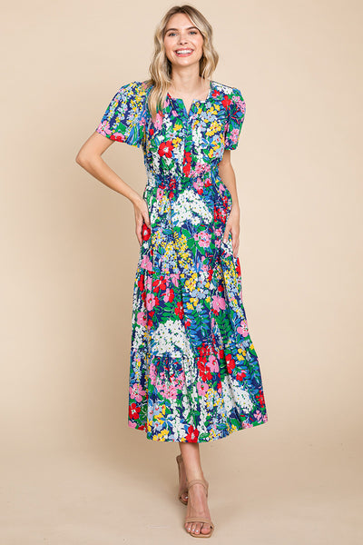 Tiered Floral Print V Neck Cotton Midi Dress