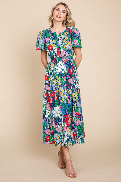 Tiered Floral Print V Neck Cotton Midi Dress