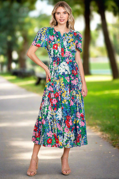 Tiered Floral Print V Neck Cotton Midi Dress