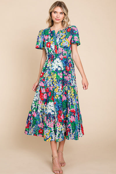 Tiered Floral Print V Neck Cotton Midi Dress