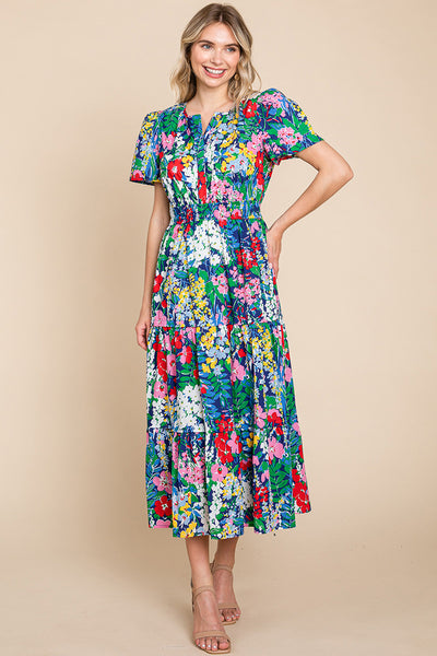 Tiered Floral Print V Neck Cotton Midi Dress