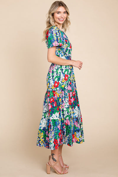 Tiered Floral Print V Neck Cotton Midi Dress