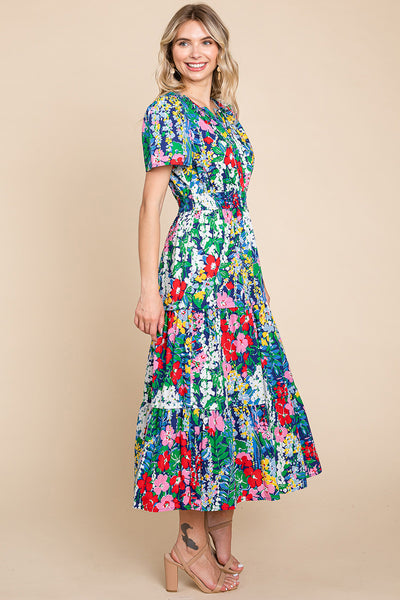 Tiered Floral Print V Neck Cotton Midi Dress
