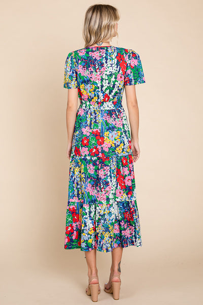 Tiered Floral Print V Neck Cotton Midi Dress