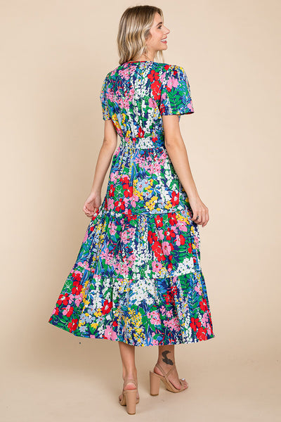 Tiered Floral Print V Neck Cotton Midi Dress