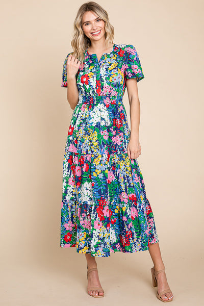 Tiered Floral Print V Neck Cotton Midi Dress