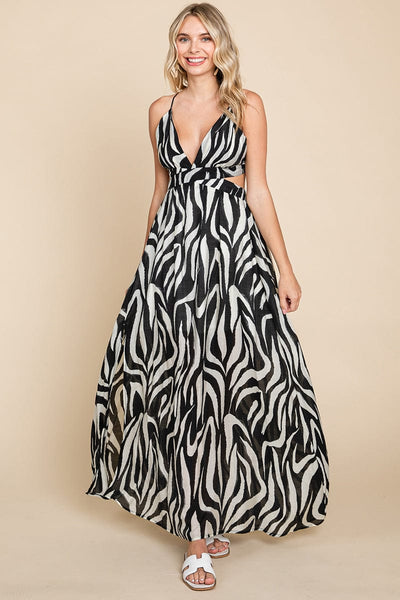 Deep V Neck Open Back Zebra Print Boho Maxi Dress