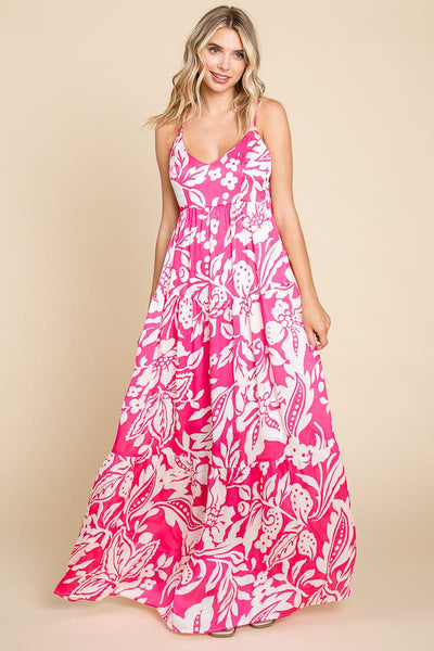 Tropical Print Tiered Satin Maxi Sundress